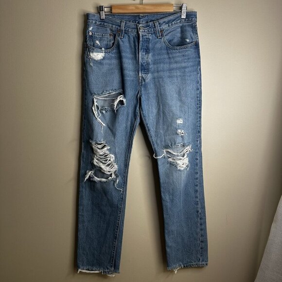Levis Jeans Womens 30x30 Blue 501 90s Premium Denim Button Fly Distressed Torn - Picture 1 of 13